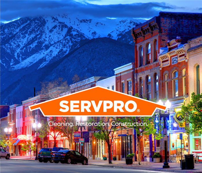Servpro logo in front of buildings 